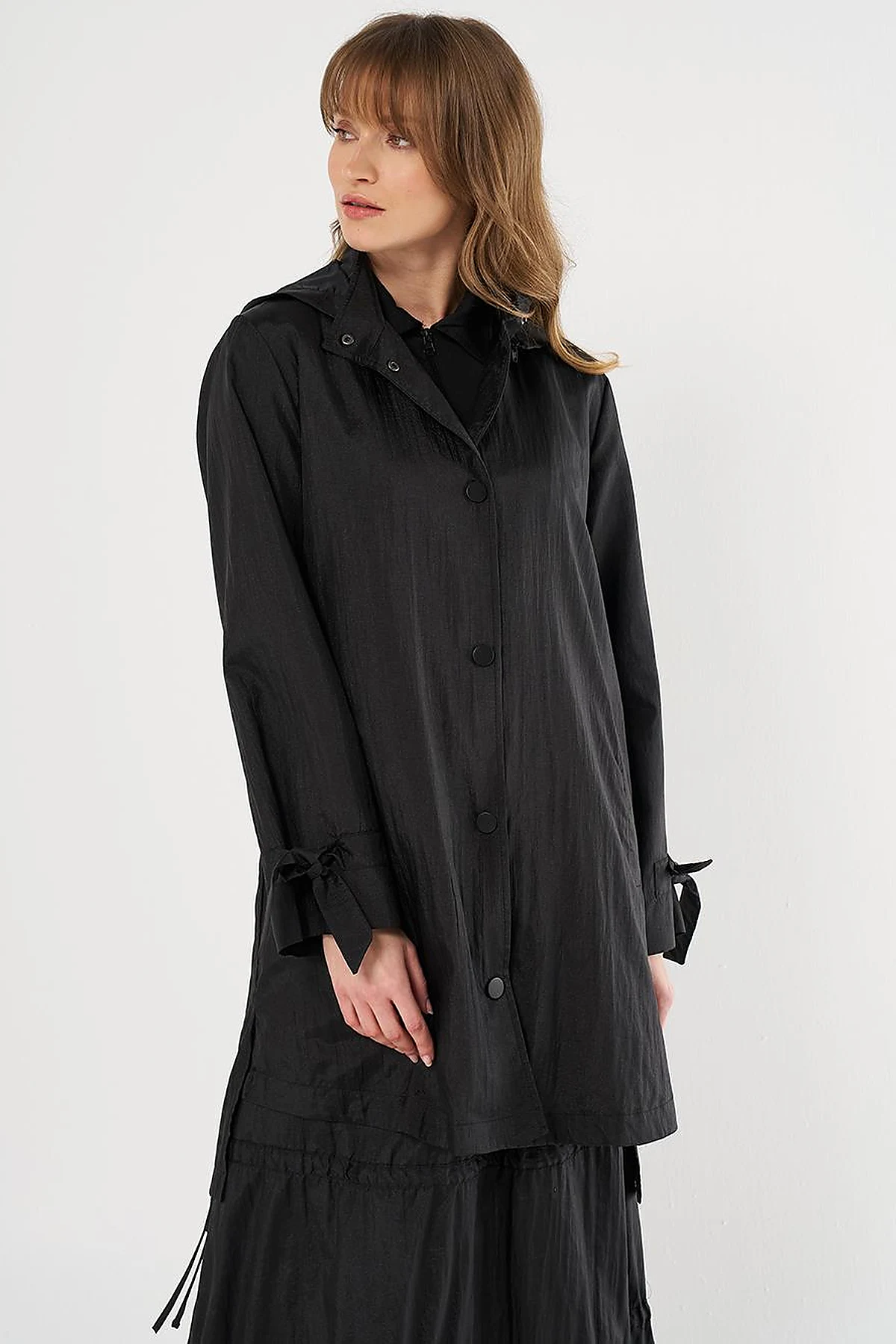Hooded Lace-Up Coat Black
