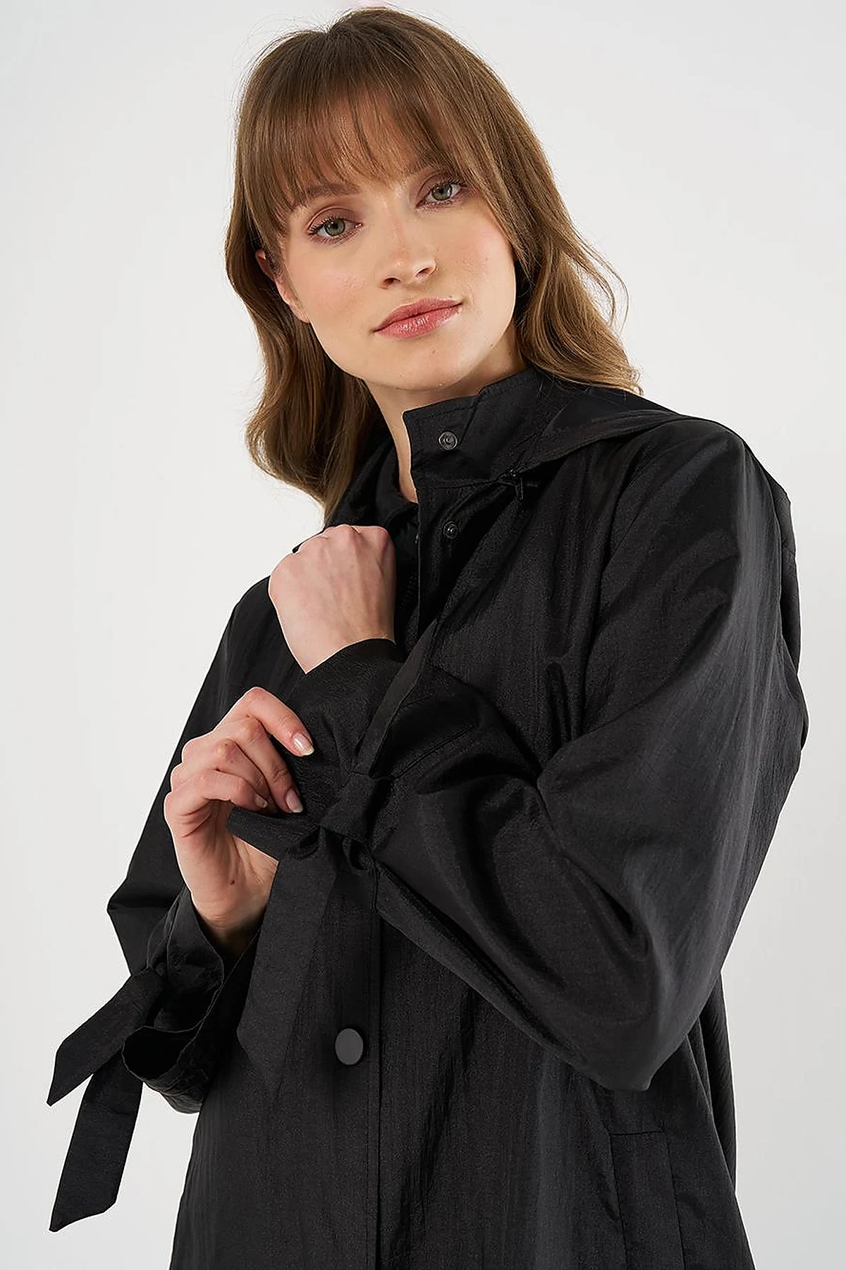 Hooded Lace-Up Coat Black