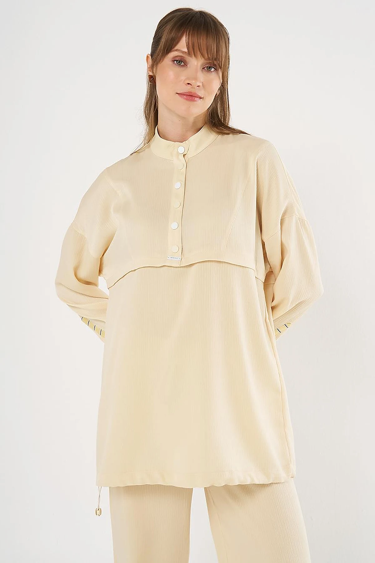 Snap-Button Closure High-Neck Sweatshirt Light Yellow