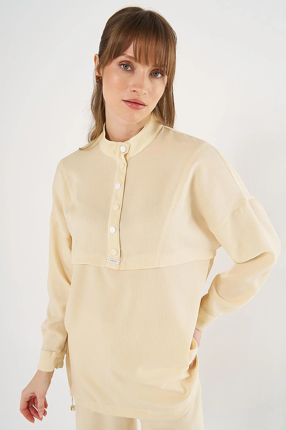 Snap-Button Closure High-Neck Sweatshirt Light Yellow