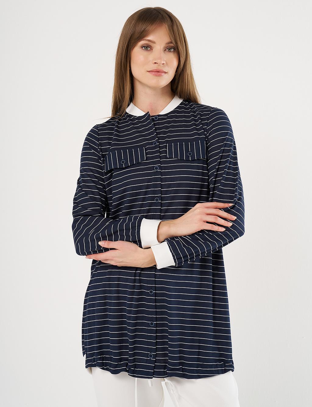  Flap Pocket Striped Pattern Tunic Navy