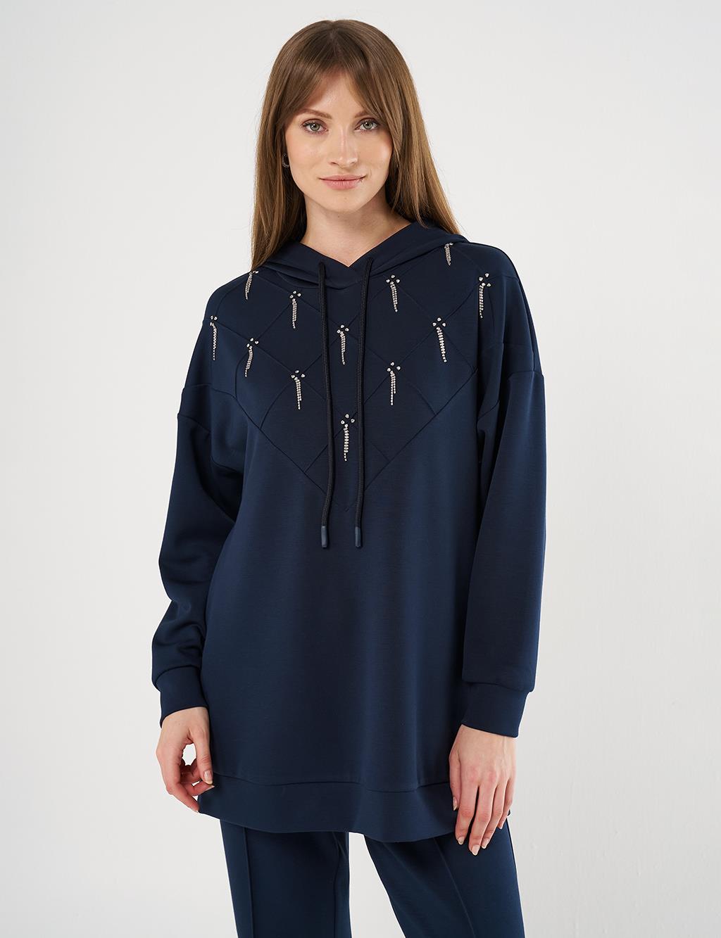 Stone Embellished Scuba Sweatshirt Dark Navy