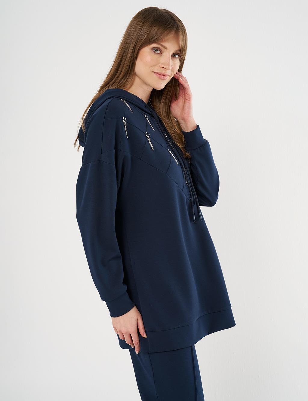 Stone Embellished Scuba Sweatshirt Dark Navy