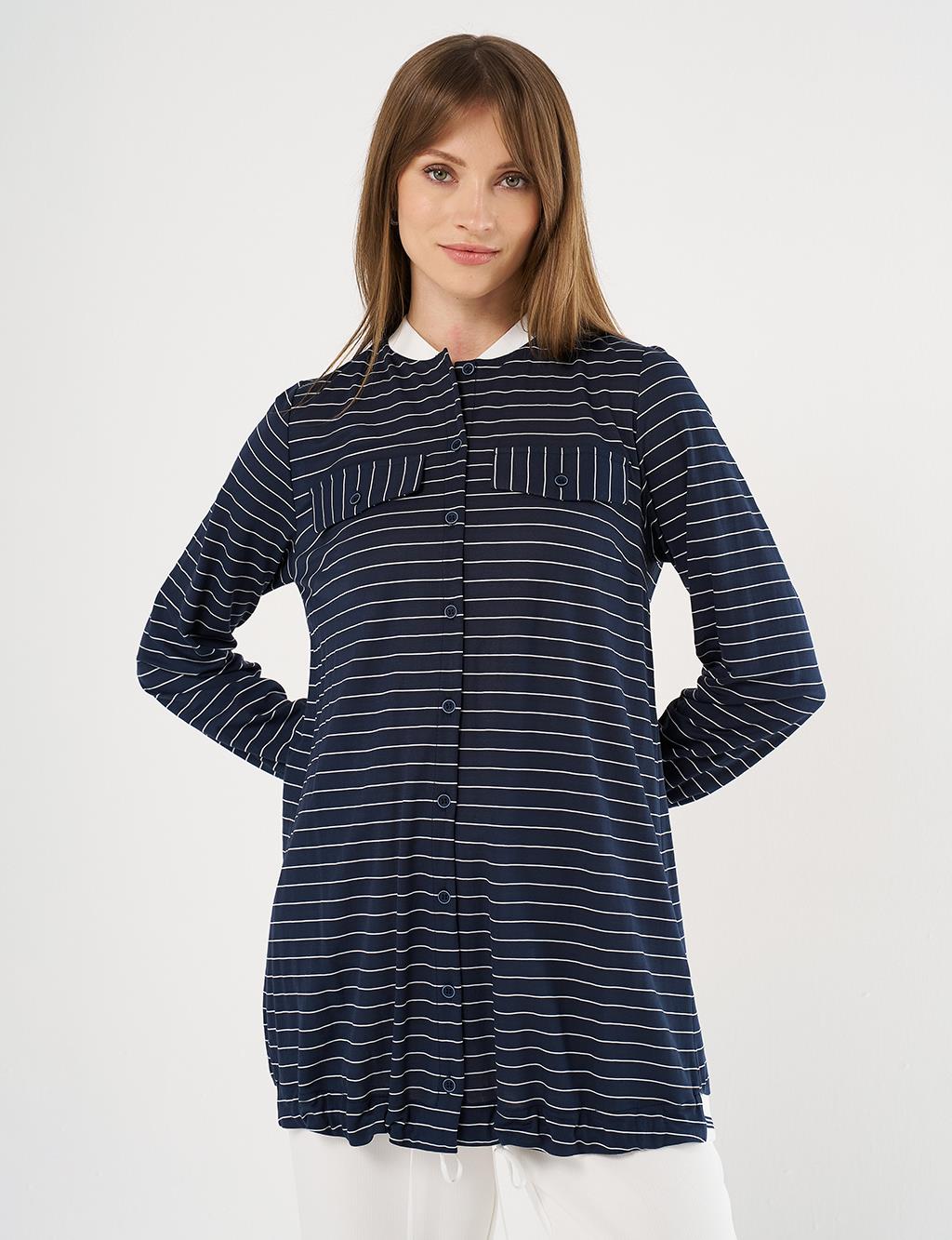  Flap Pocket Striped Pattern Tunic Navy