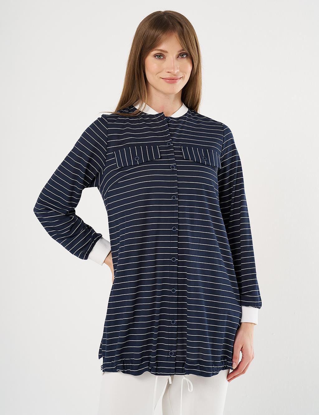  Flap Pocket Striped Pattern Tunic Navy
