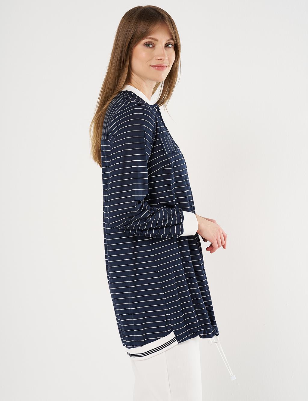  Flap Pocket Striped Pattern Tunic Navy
