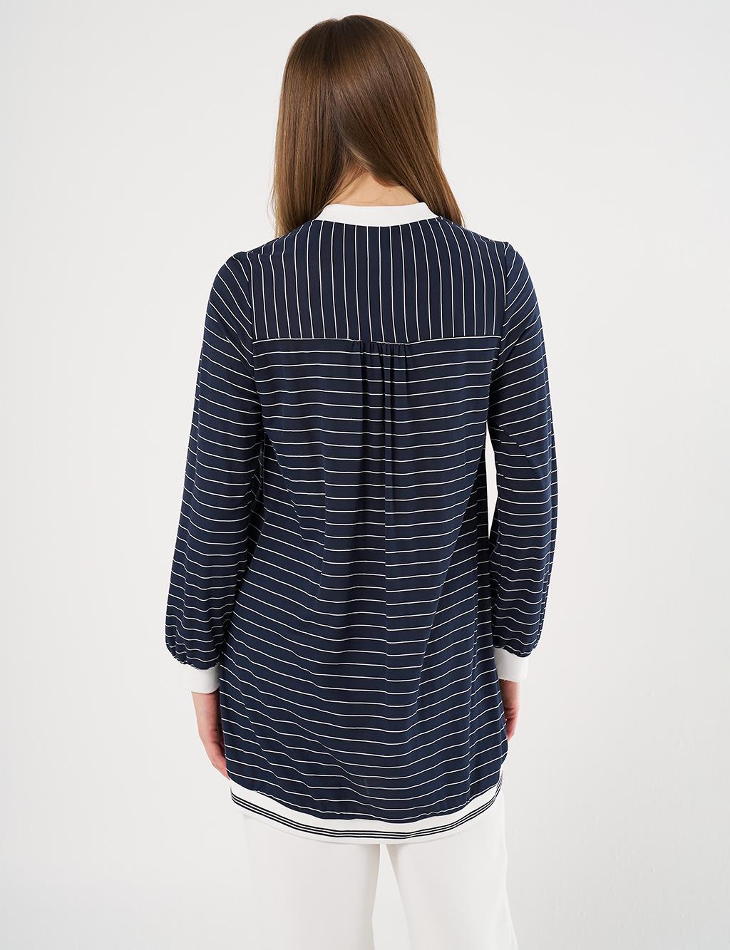  Flap Pocket Striped Pattern Tunic Navy