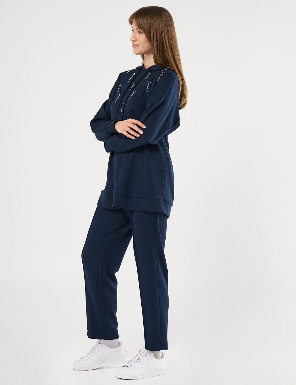 Stone Embellished Scuba Sweatshirt Dark Navy