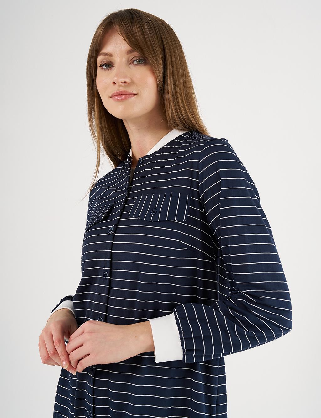  Flap Pocket Striped Pattern Tunic Navy