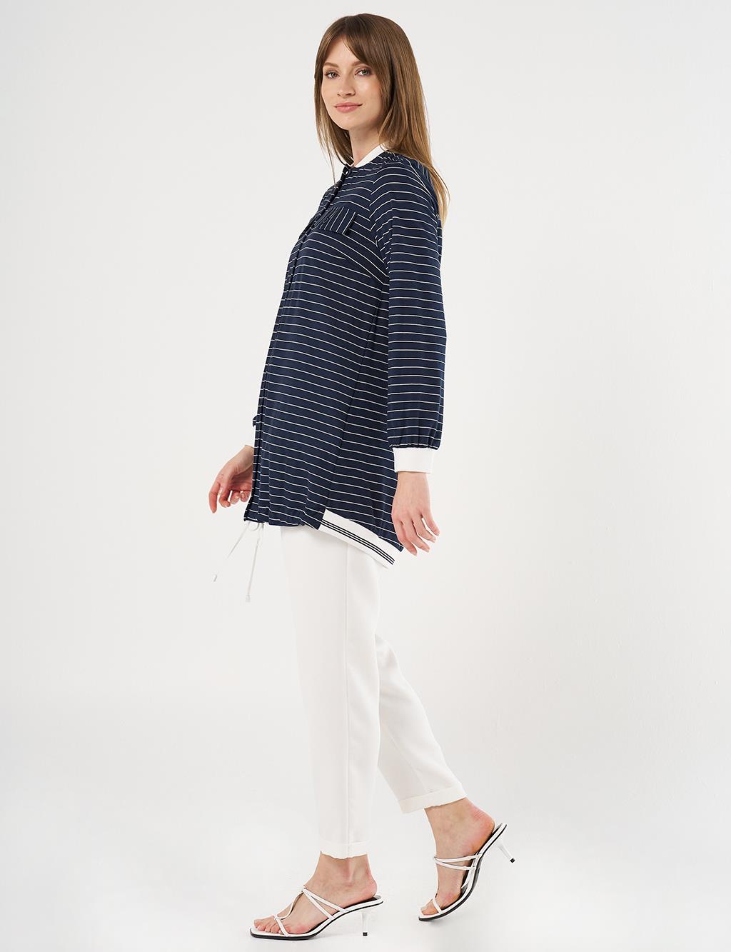  Flap Pocket Striped Pattern Tunic Navy