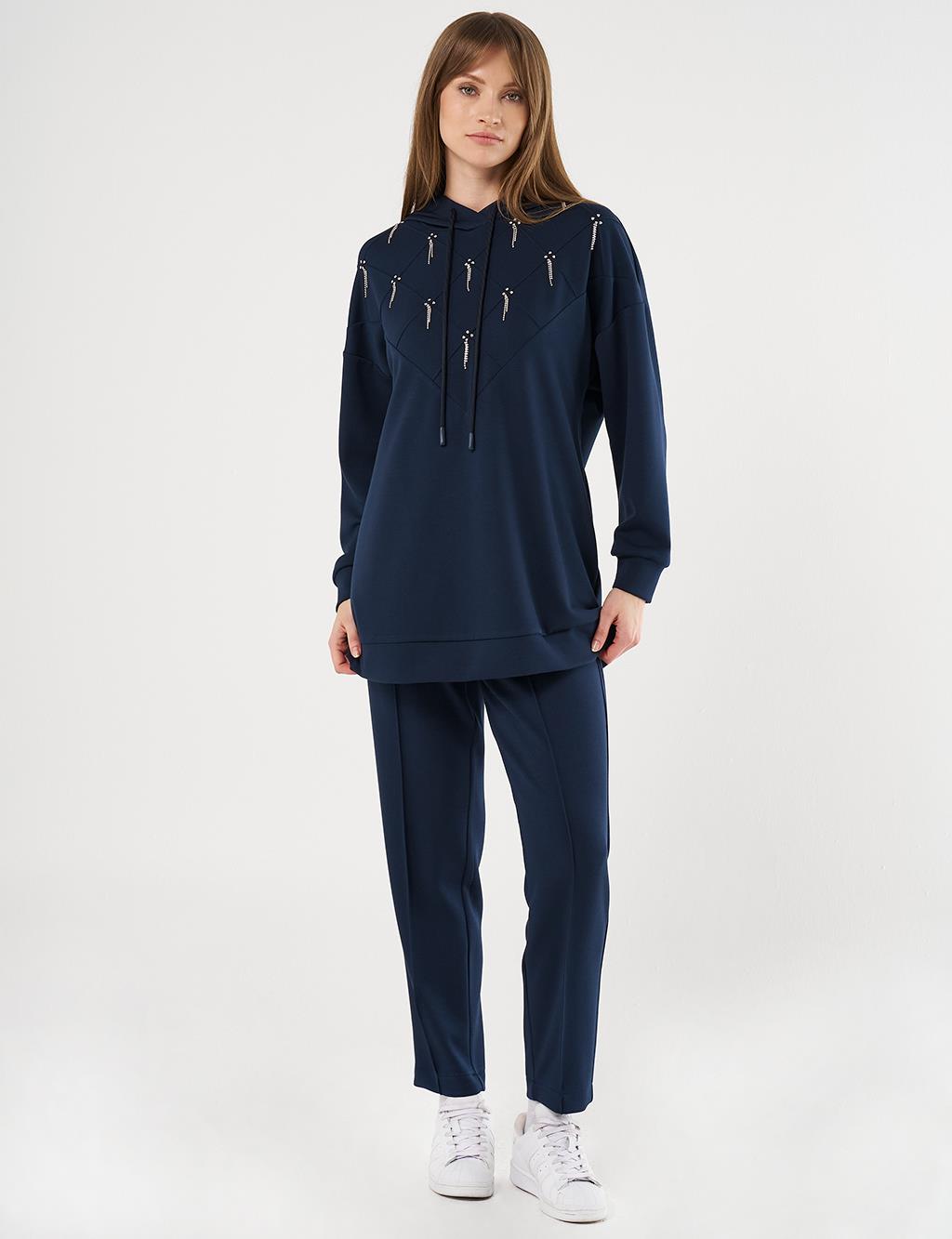 Stone Embellished Scuba Sweatshirt Dark Navy