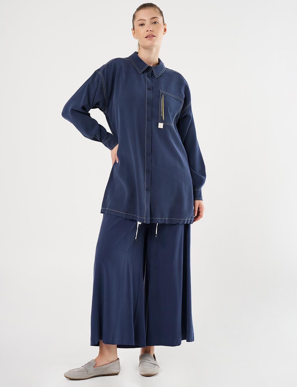 Punto-Stitched Chain-Embellished Tunic Navy