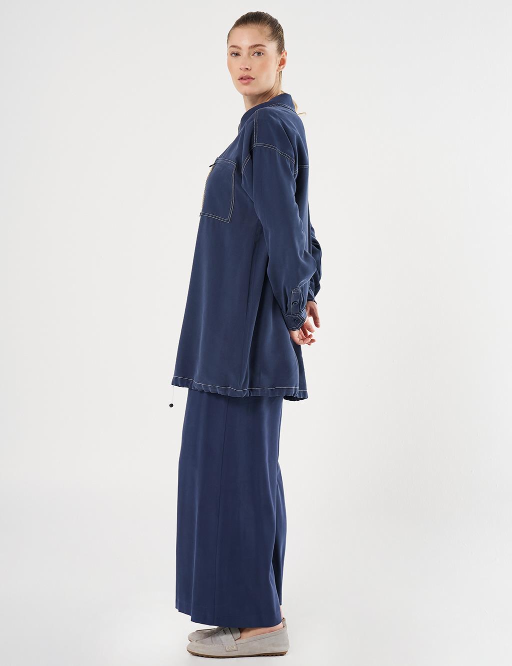 Punto-Stitched Chain-Embellished Tunic Navy