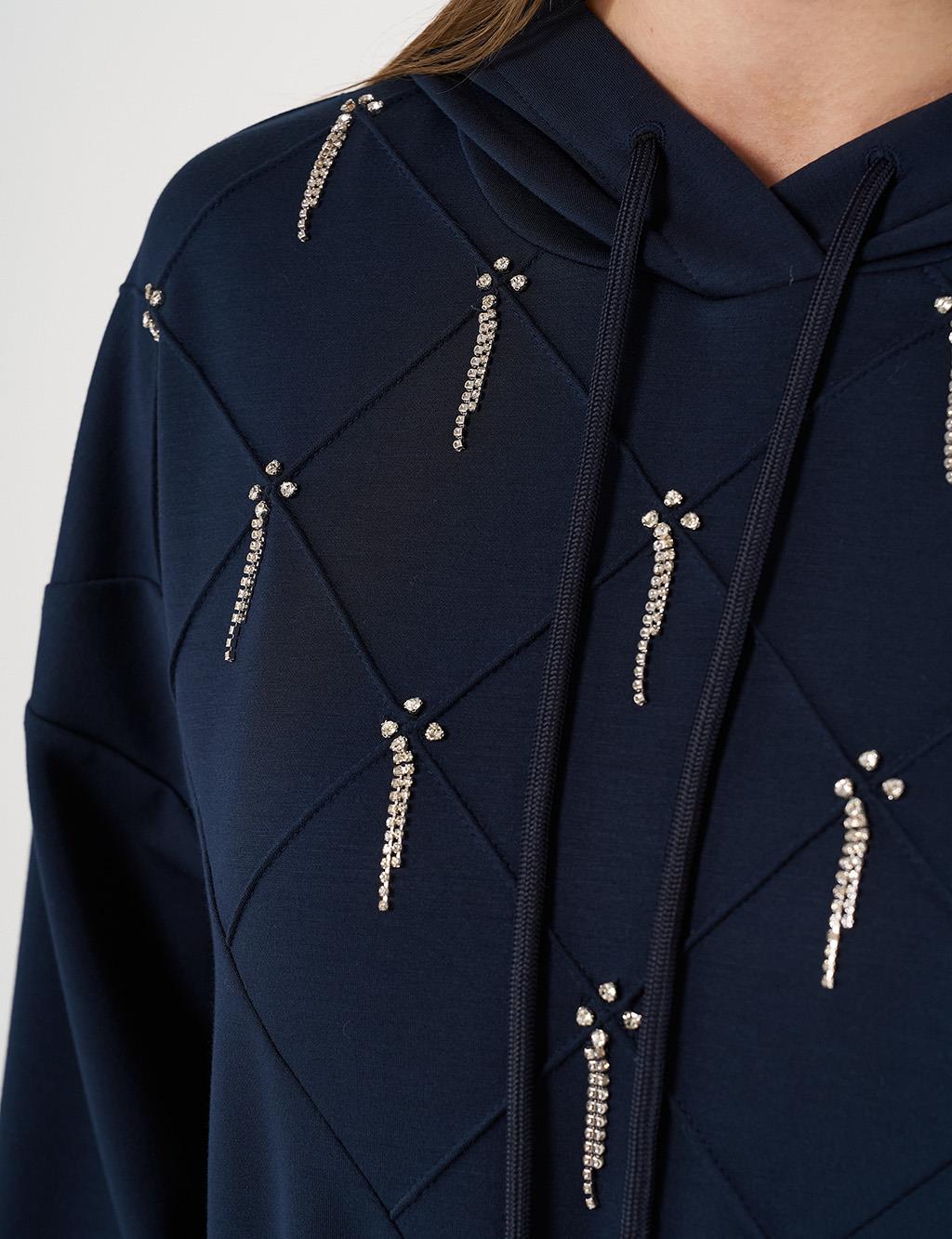 Stone Embellished Scuba Sweatshirt Dark Navy