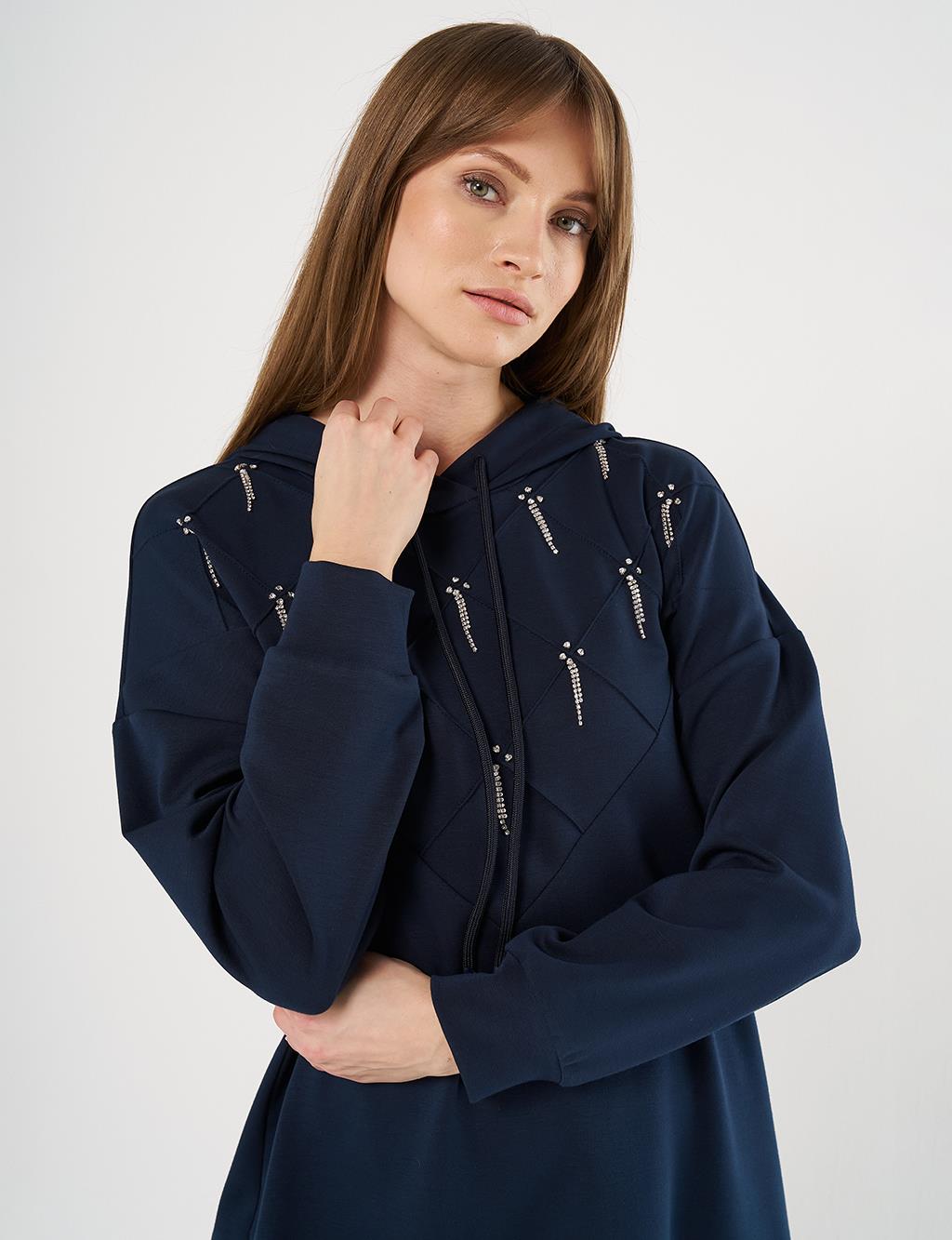 Stone Embellished Scuba Sweatshirt Dark Navy