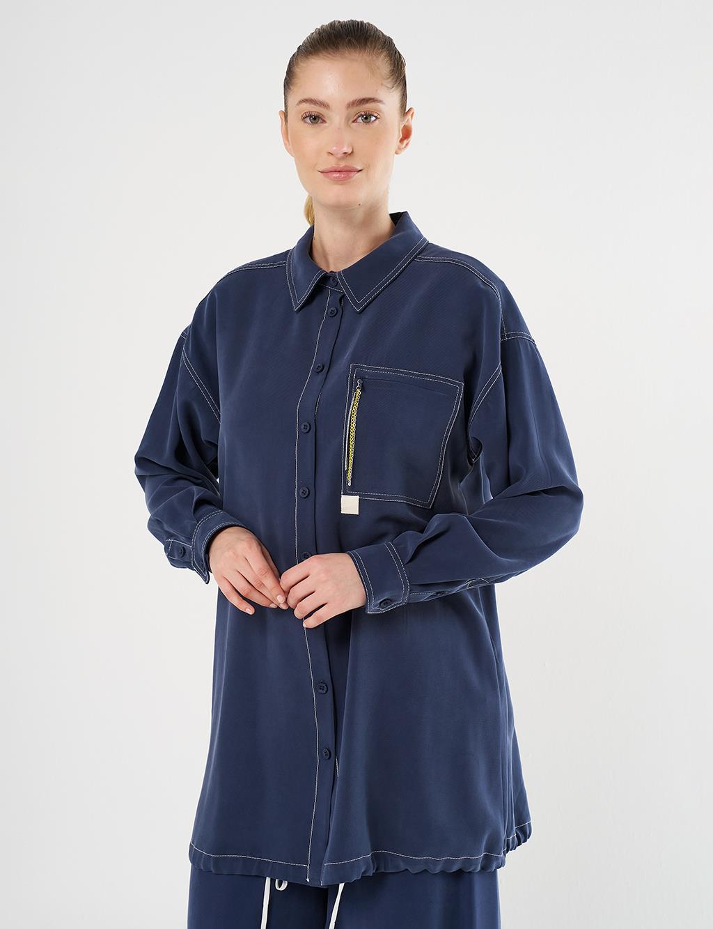 Punto-Stitched Chain-Embellished Tunic Navy