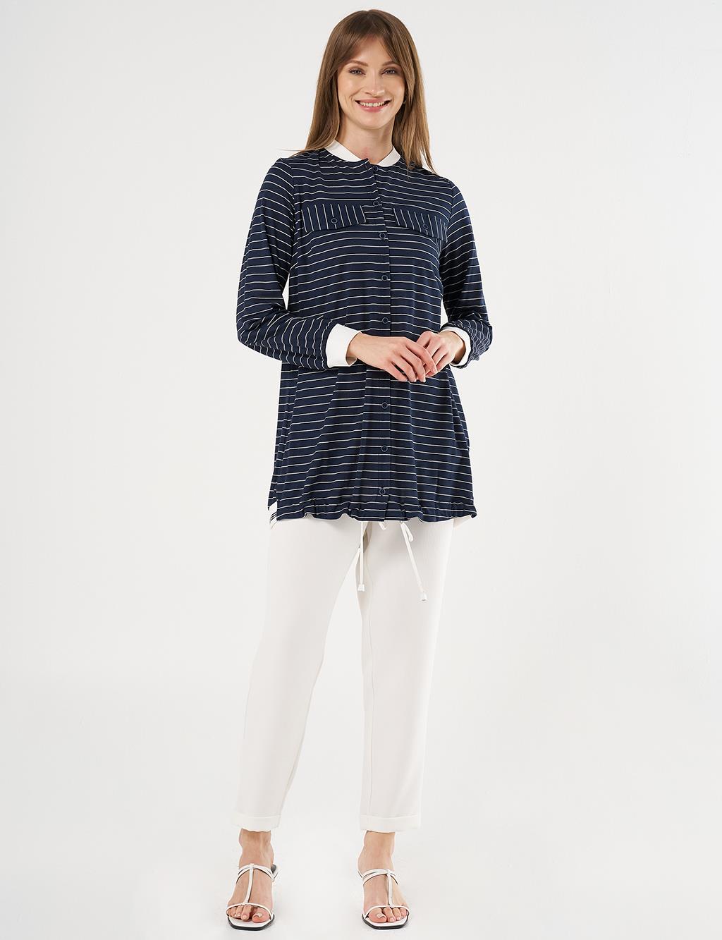  Flap Pocket Striped Pattern Tunic Navy