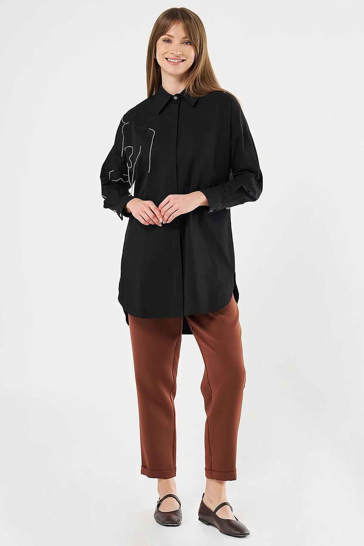 100% Cotton Stone Embellished Tunic Black