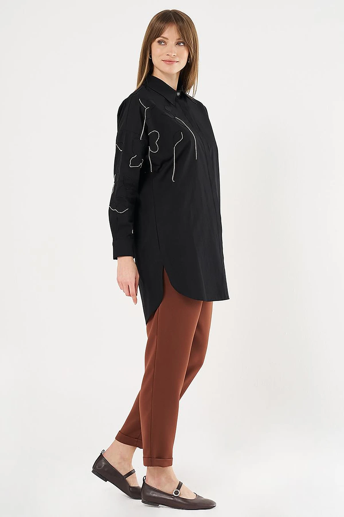 100% Cotton Stone Embellished Tunic Black