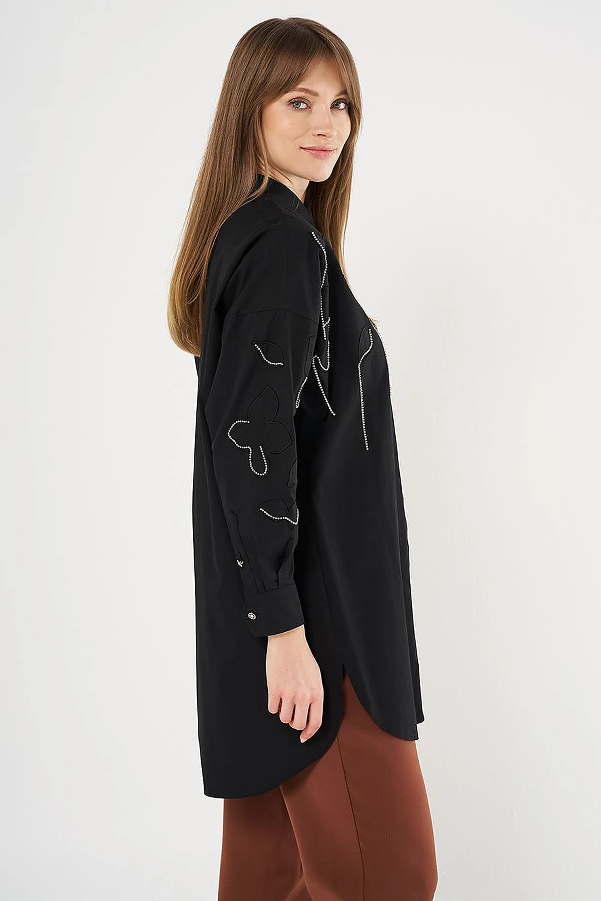 100% Cotton Stone Embellished Tunic Black