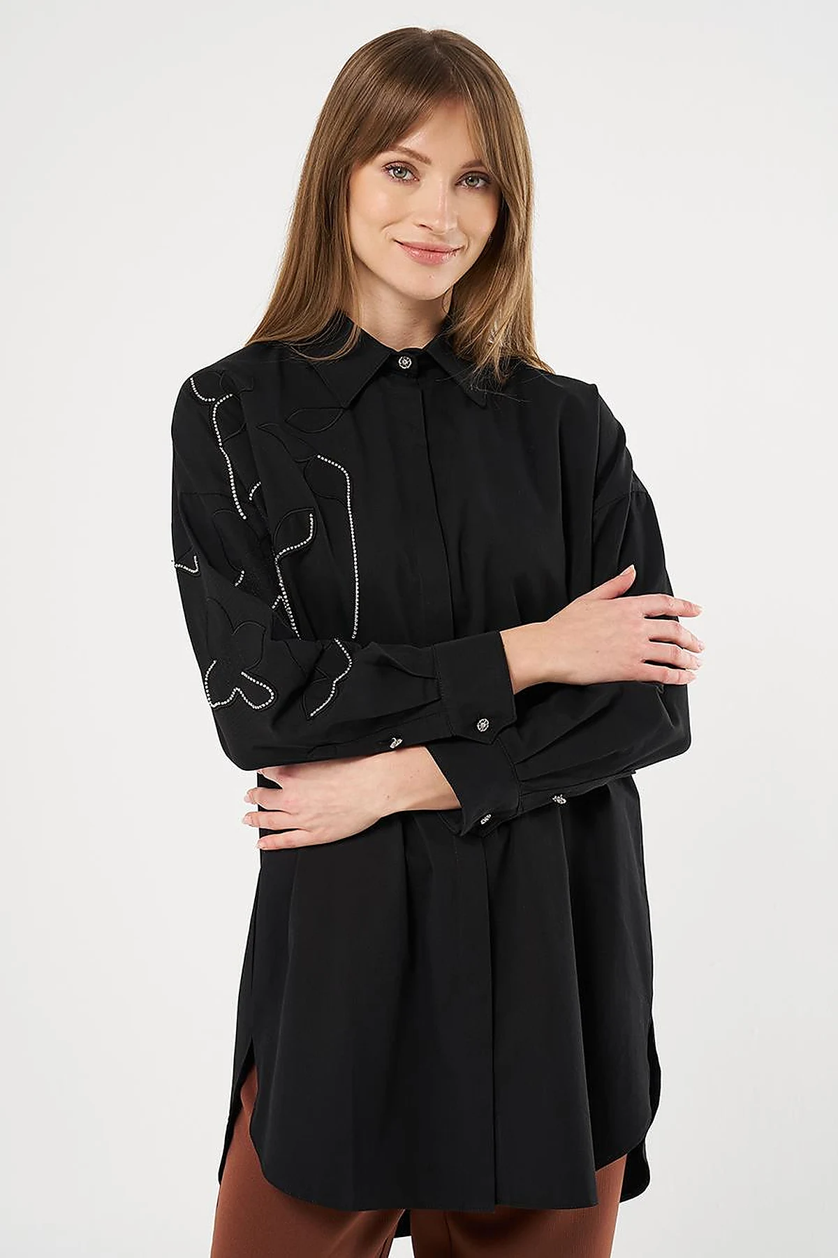 100% Cotton Stone Embellished Tunic Black