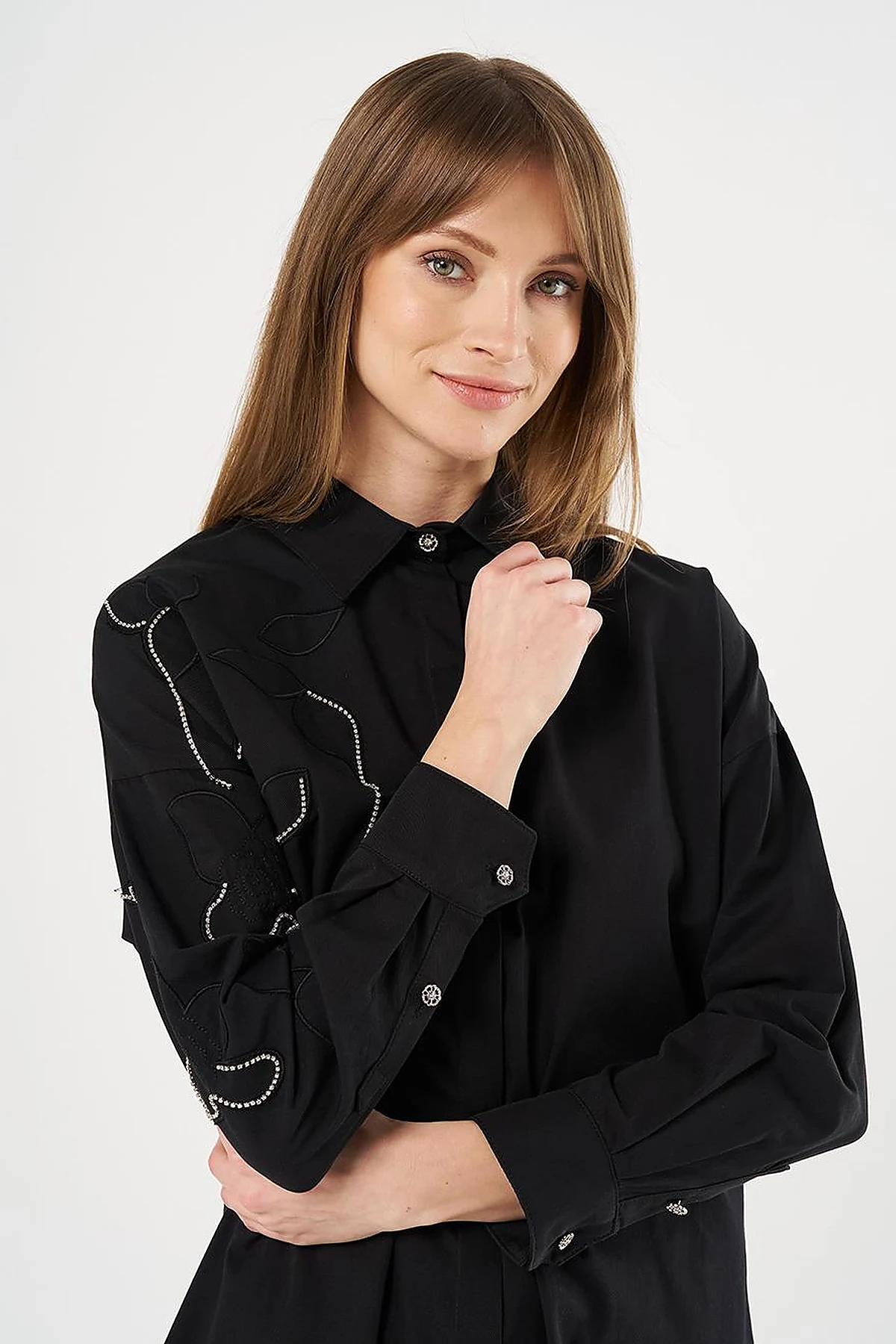 100% Cotton Stone Embellished Tunic Black