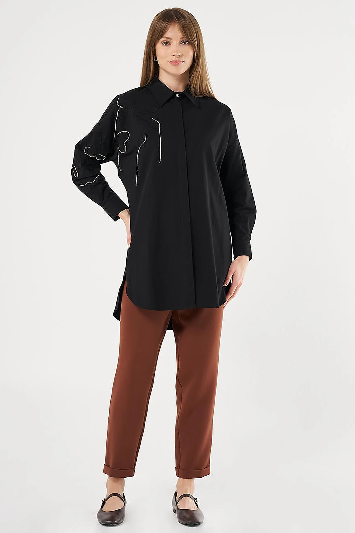 100% Cotton Stone Embellished Tunic Black