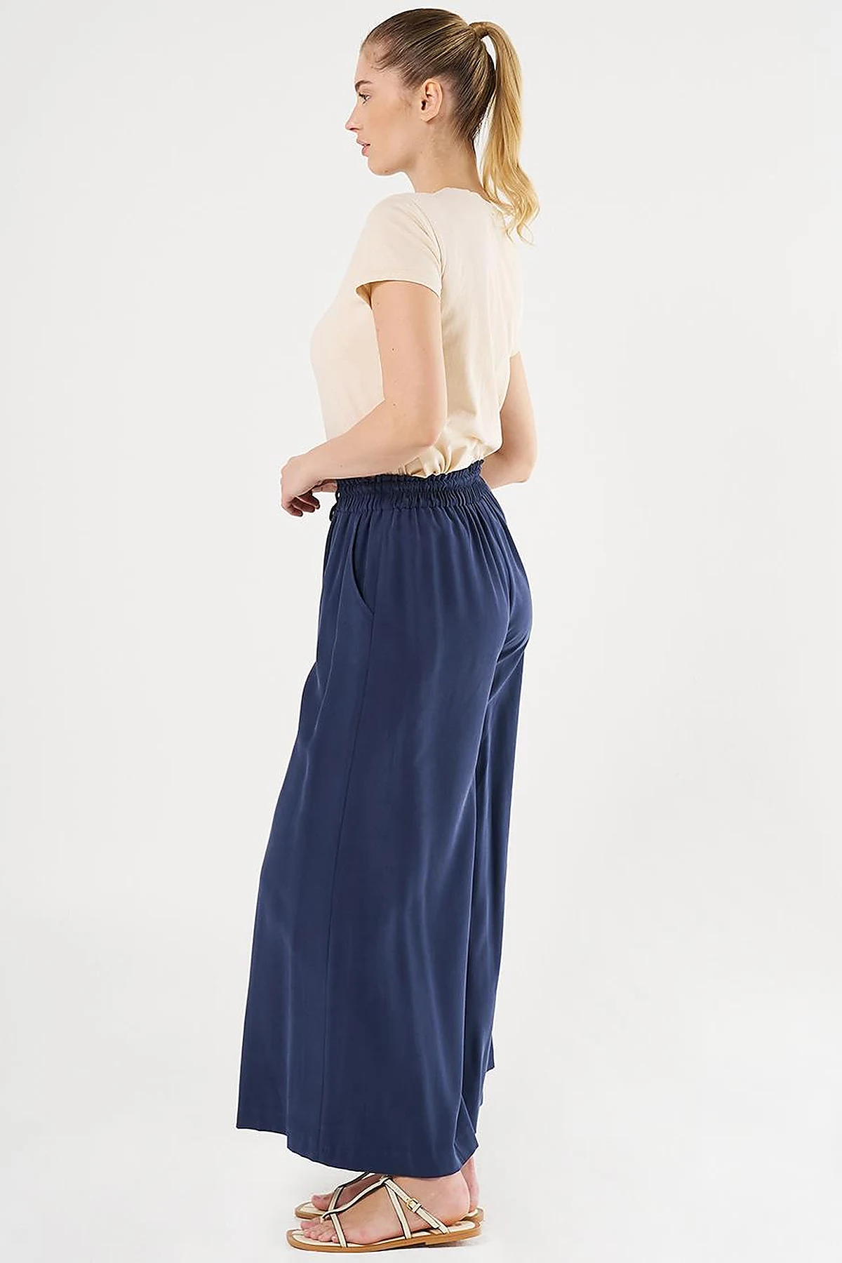 Wide-Leg Rayon Pants Navy Blue