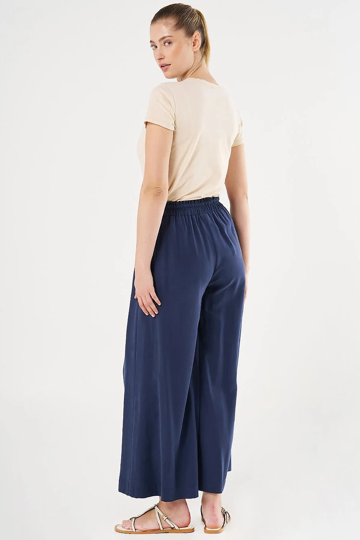 Wide-Leg Rayon Pants Navy Blue