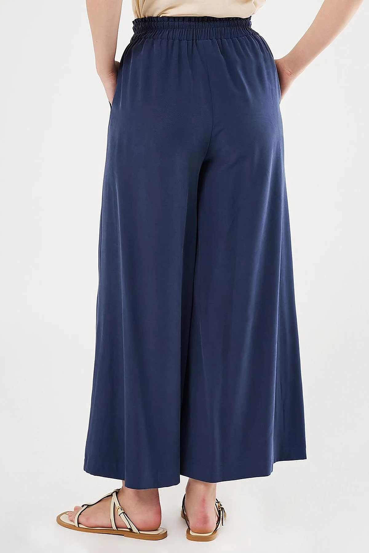 Wide-Leg Rayon Pants Navy Blue