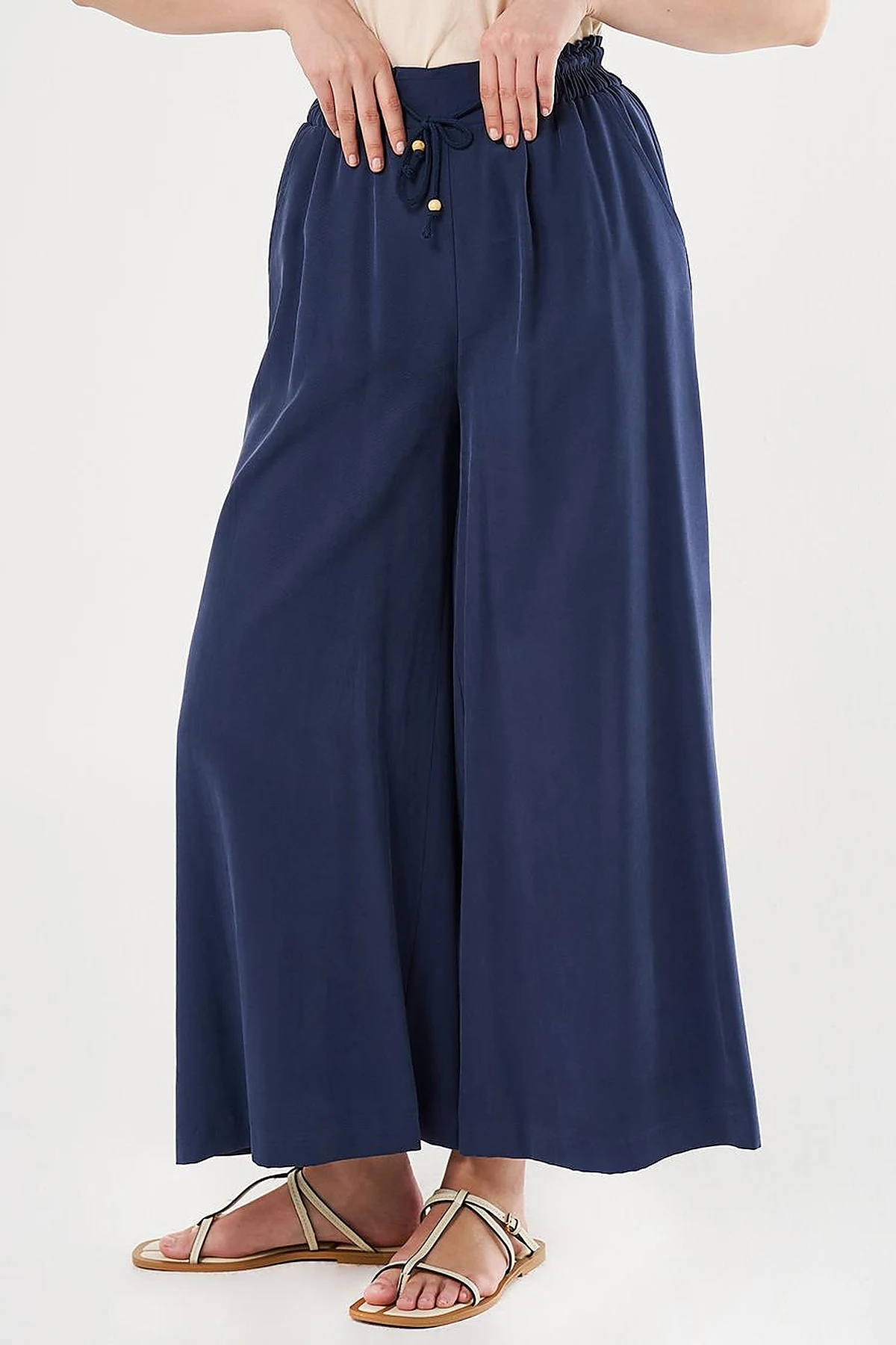 Wide-Leg Rayon Pants Navy Blue