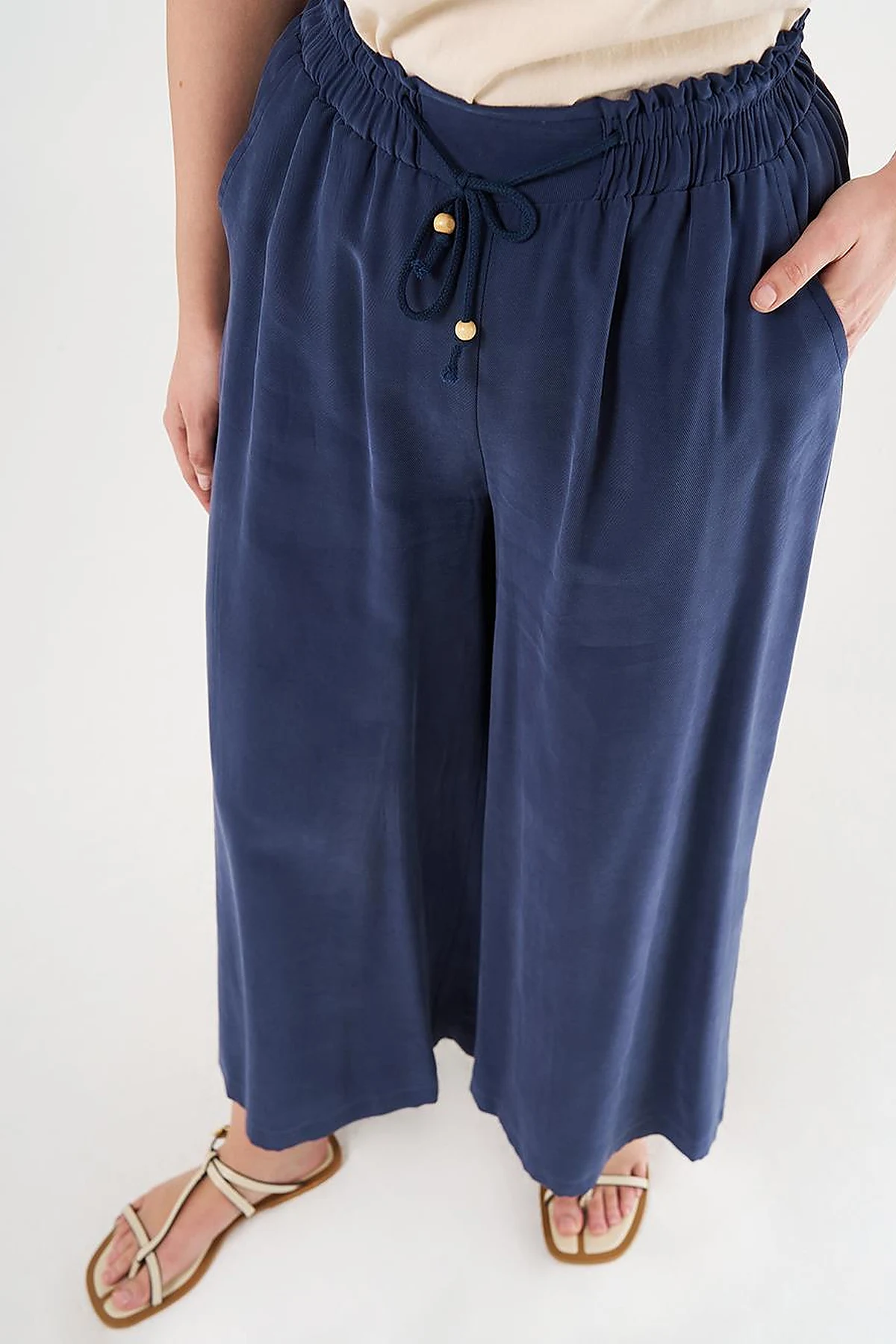 Wide-Leg Rayon Pants Navy Blue
