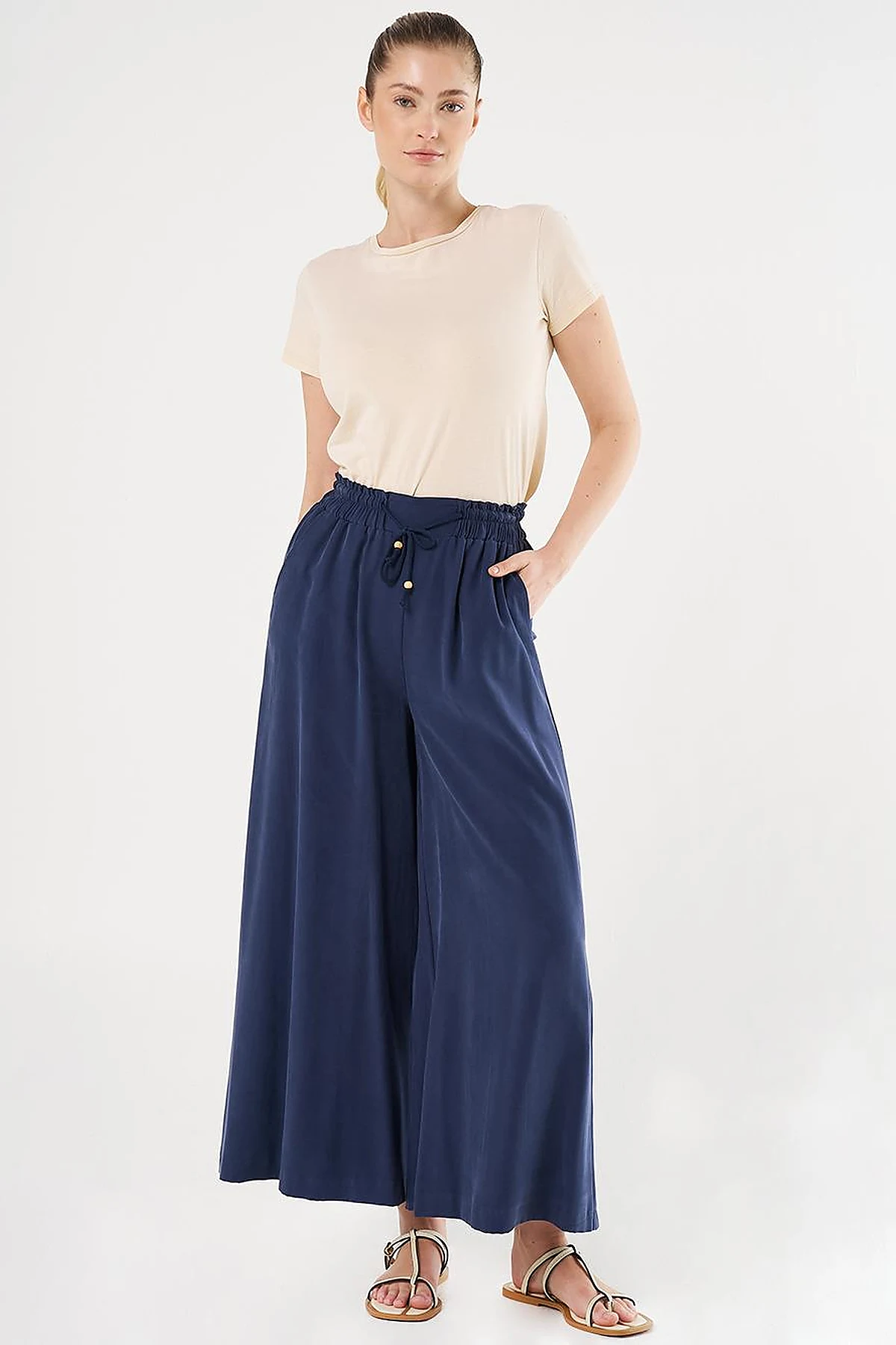 Wide-Leg Rayon Pants Navy Blue