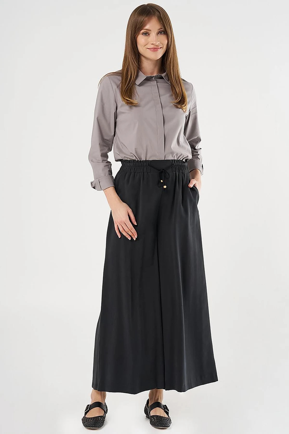 Wide-Leg Rayon Pants Black