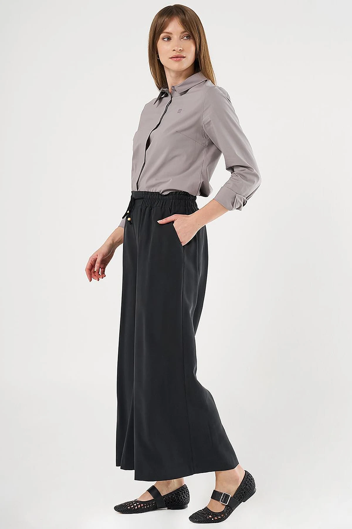 Wide-Leg Rayon Pants Black