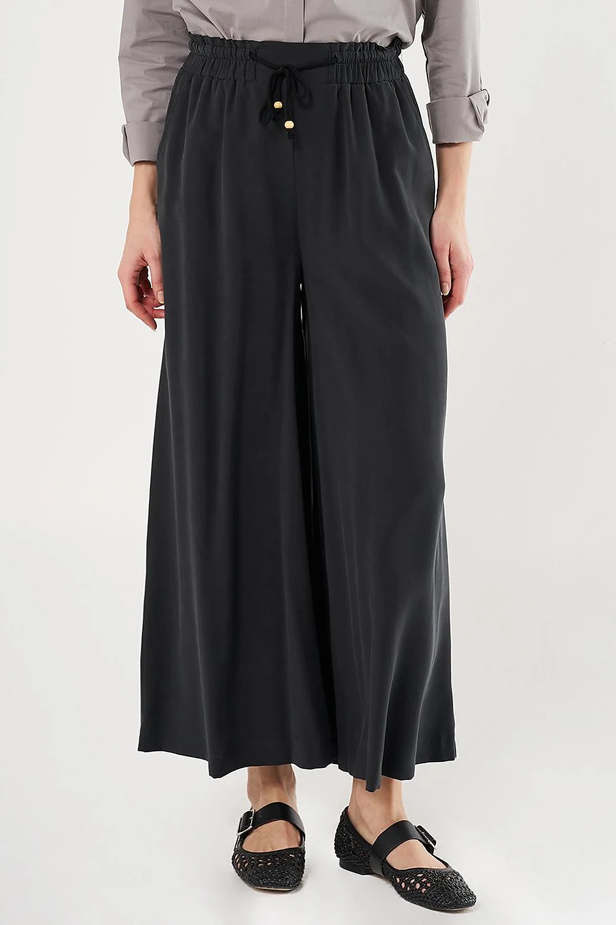 Wide-Leg Rayon Pants Black