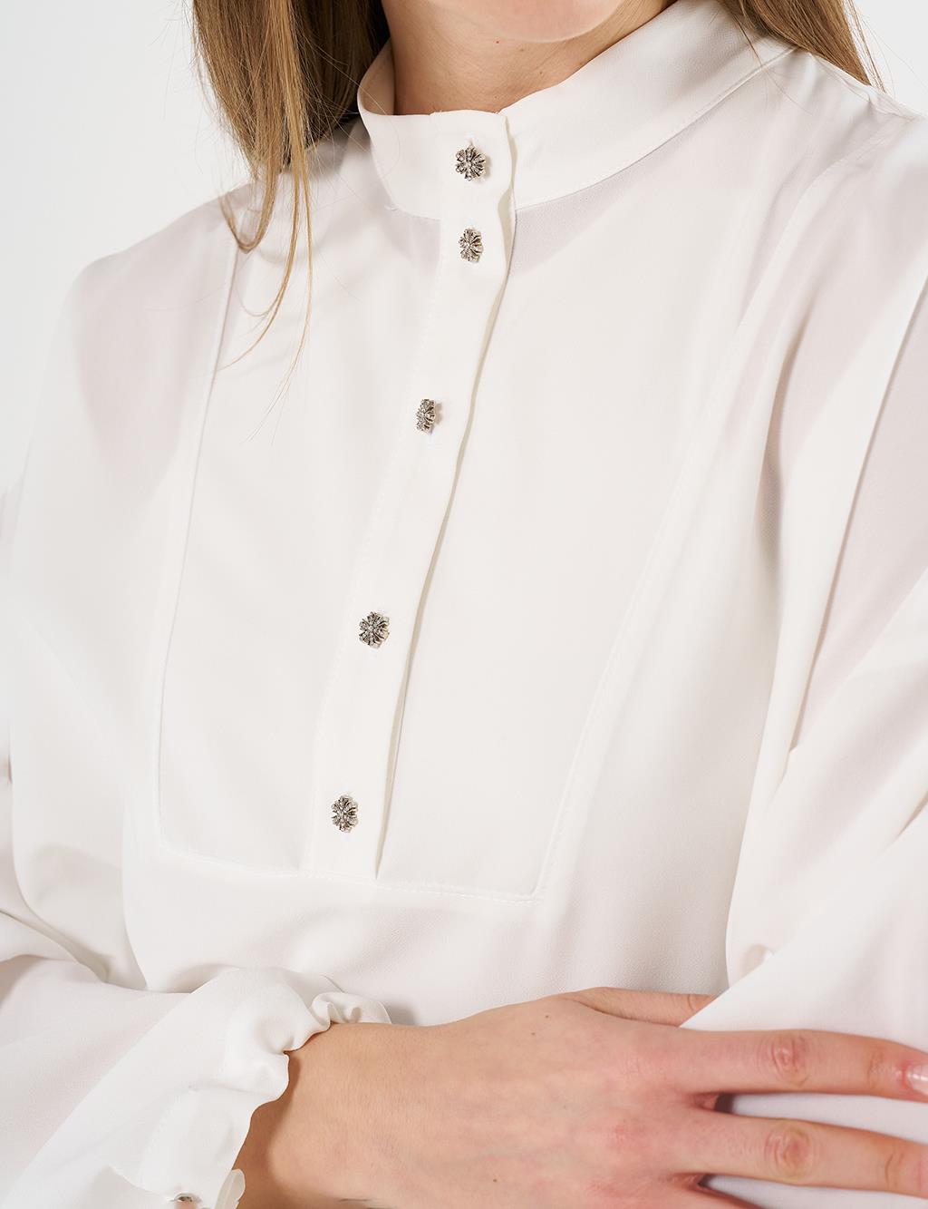 Shiny Buttoned Stand- Up Collar Tunic Optical White