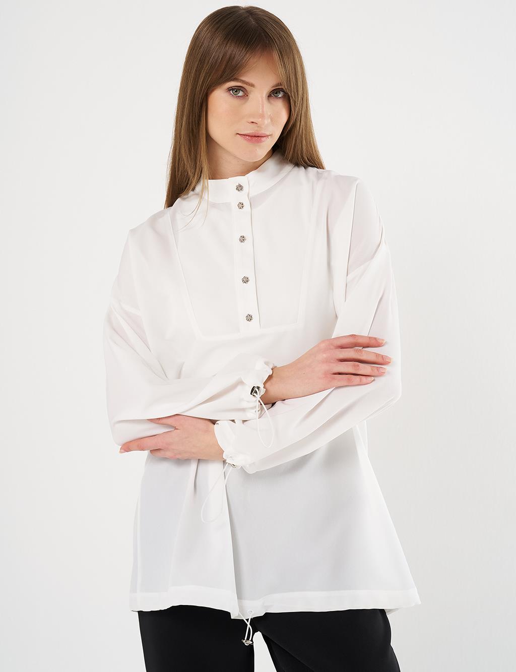 Shiny Buttoned Stand- Up Collar Tunic Optical White