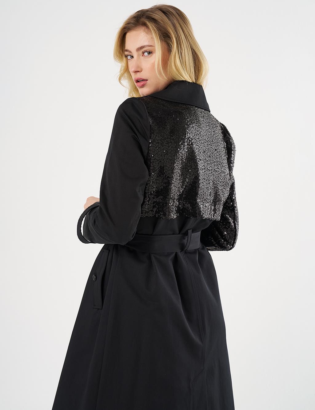 Belted Trench Coat with Sequin Details Black