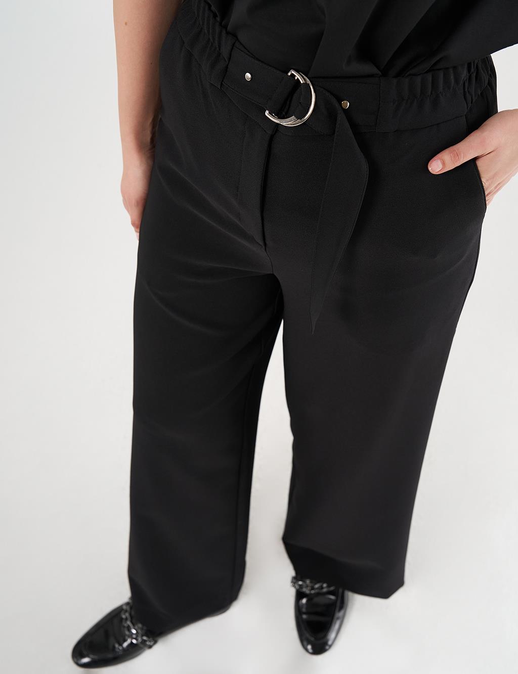 Metal Buckle Detailed High Waist Pants Black