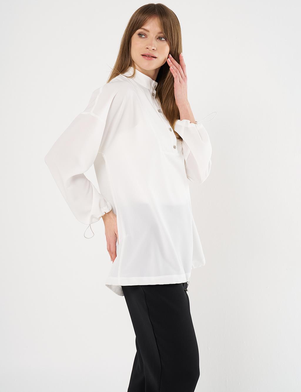 Shiny Buttoned Stand- Up Collar Tunic Optical White