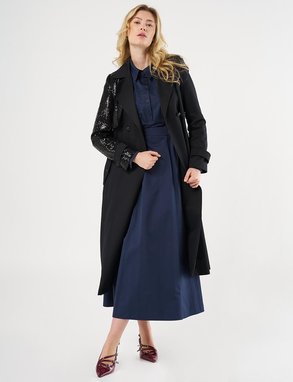 Belted Trench Coat with Sequin Details Black