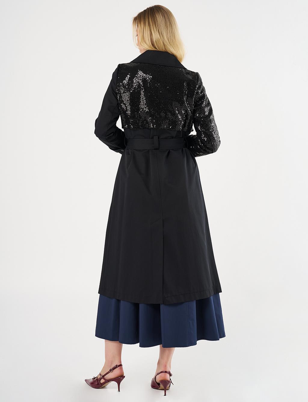 Belted Trench Coat with Sequin Details Black