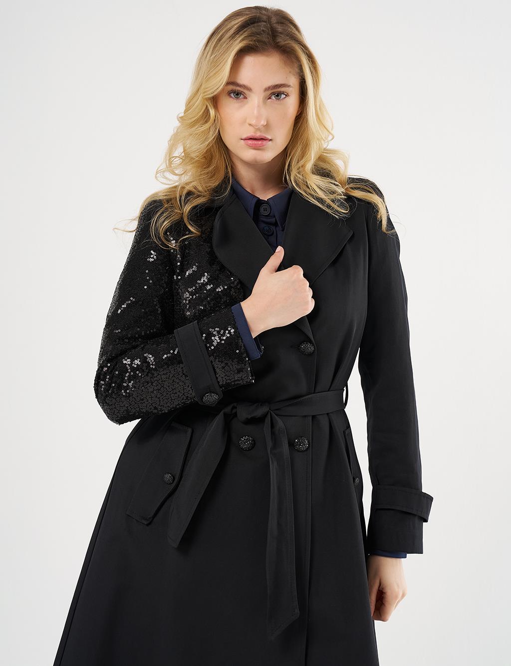 Belted Trench Coat with Sequin Details Black