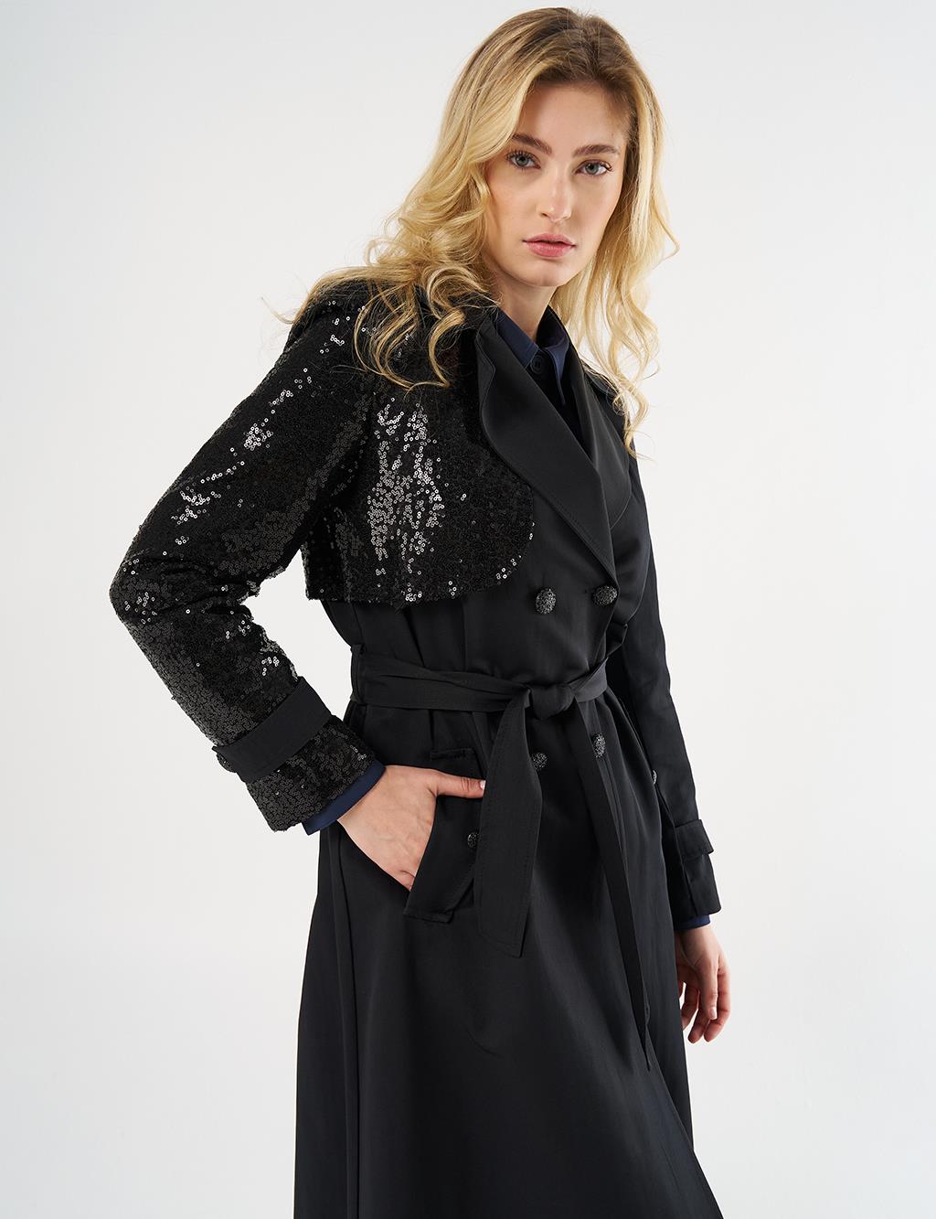 Belted Trench Coat with Sequin Details Black
