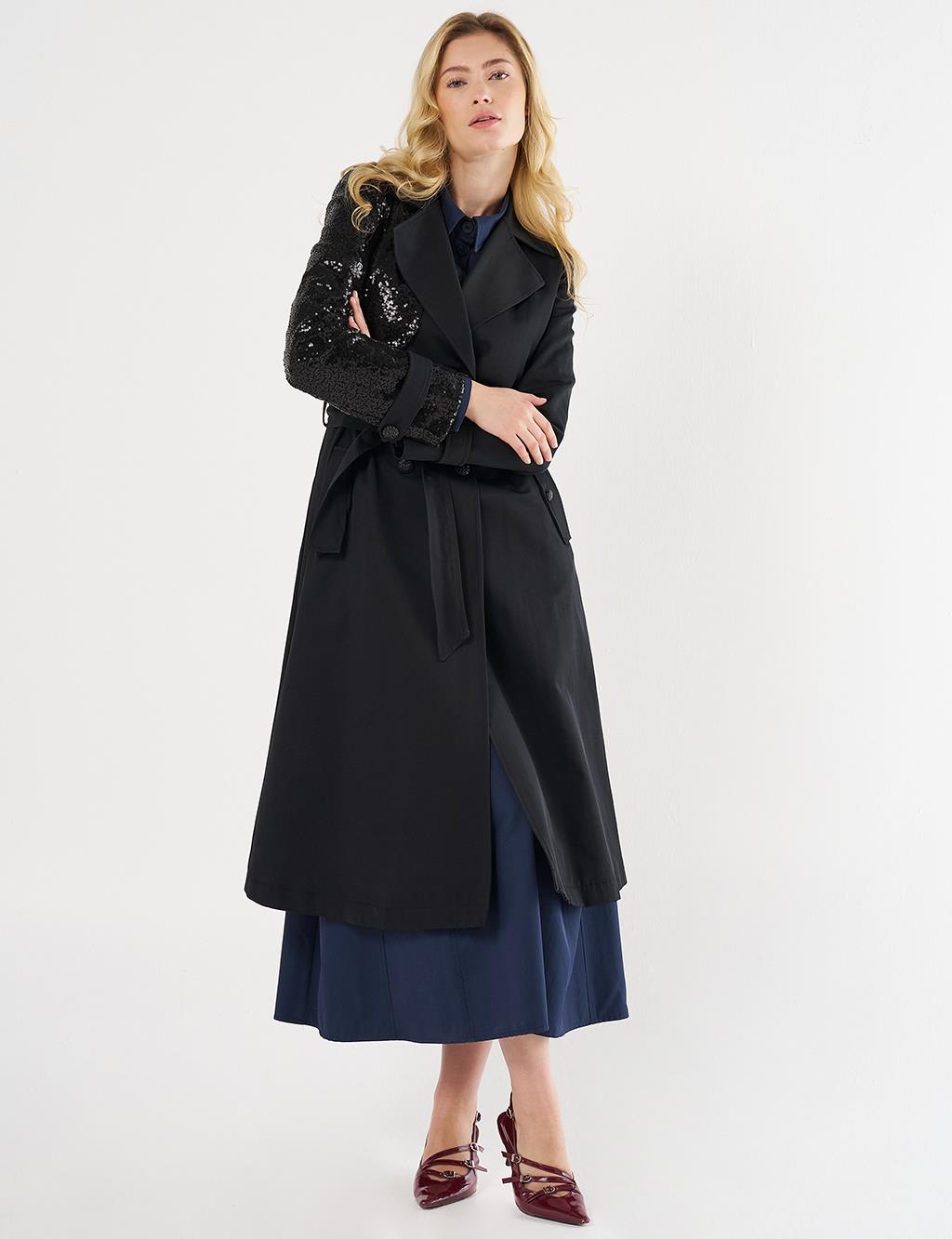 Belted Trench Coat with Sequin Details Black