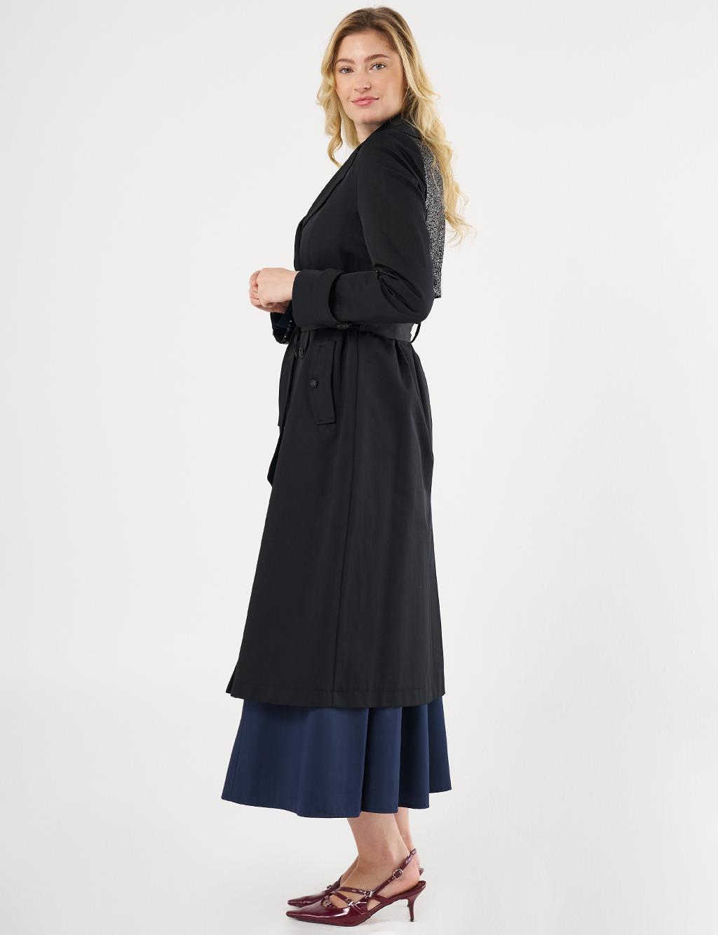 Belted Trench Coat with Sequin Details Black