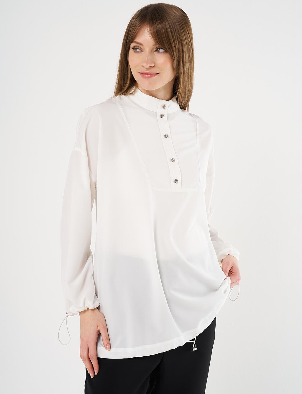 Shiny Buttoned Stand- Up Collar Tunic Optical White