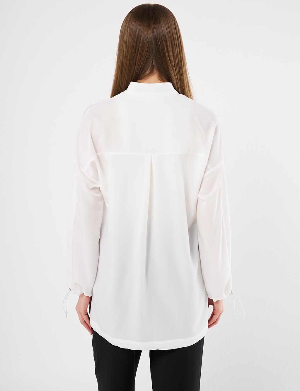 Shiny Buttoned Stand- Up Collar Tunic Optical White