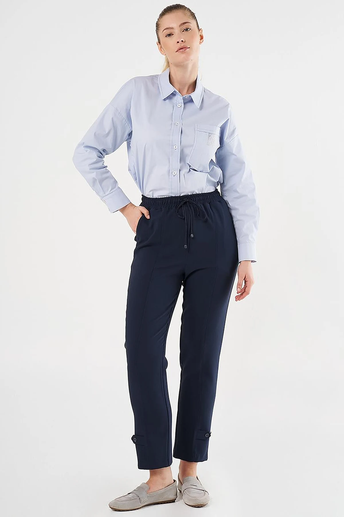 Stitch Detailed Tapered Pants Dark Navy